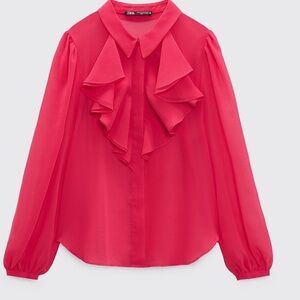 Zara Hot Fuchsia Pink Semi Sheer
Shirt Top with Ruffles Size L